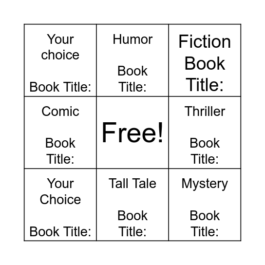 Book Genre Tic Tac Toe! Bingo Card