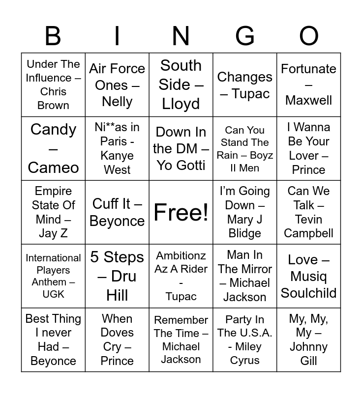 Pass the Aux Bingo Card