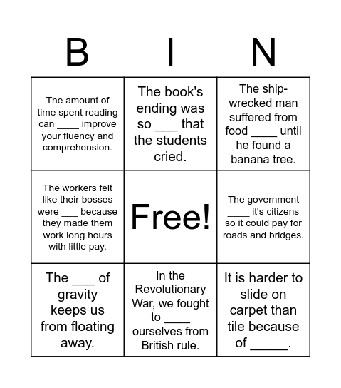 Unit 7, Week 1 Vocabulary Bingo Card