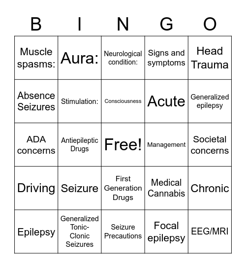 Seizure Bingo Card