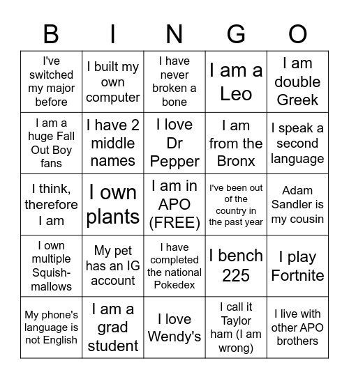 Brotherhood Bingo Card