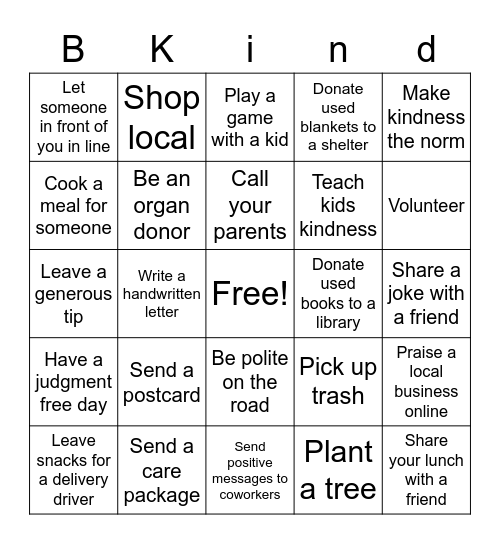 Random Acts of Kindness Bingo Card