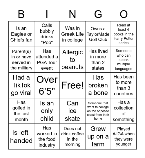 Welcome to the AJGA! Bingo Card