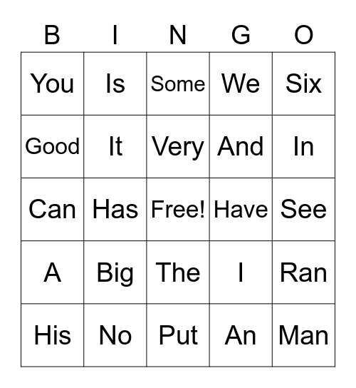 Sight Words Bingo Card