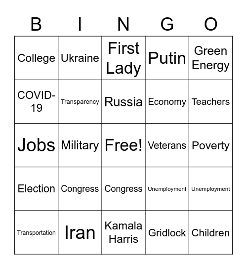 State of the Union Address Bingo Card