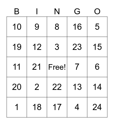 NUTRITION BINGO Card