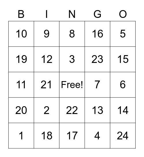 NUTRITION BINGO Card