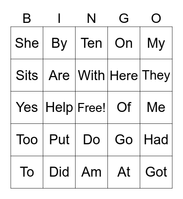 Sight Words Bingo Card