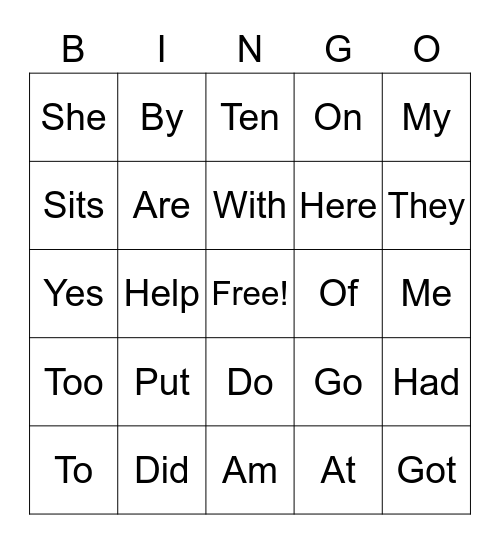 Sight Words Bingo Card