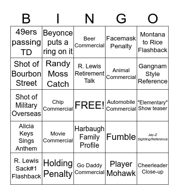 Team Clark Super Bowl 2013 Bingo Card