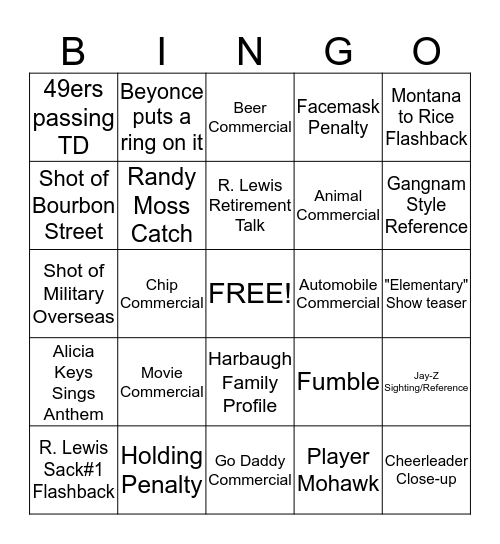 Team Clark Super Bowl 2013 Bingo Card