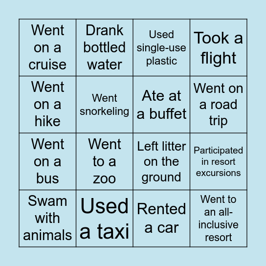 Vacation Bingo Card