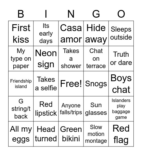 love island Bingo Card