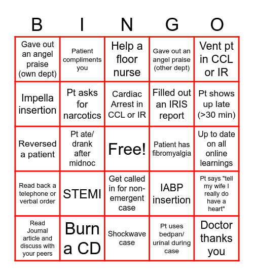 Cath Lab Bingo Card