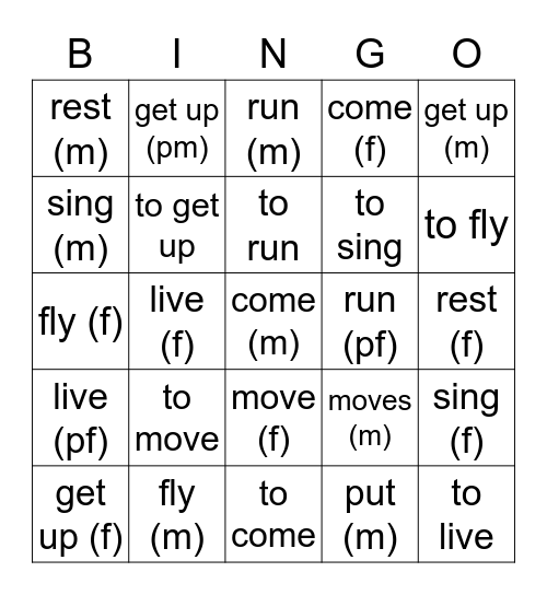 NM6 Verbs Bingo Card