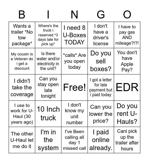 U-Haul B-I-N-G-O Bingo Card