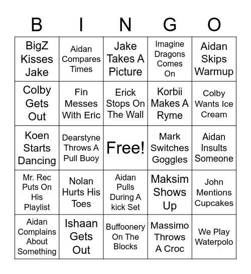 Varsity Swim Bingo Card