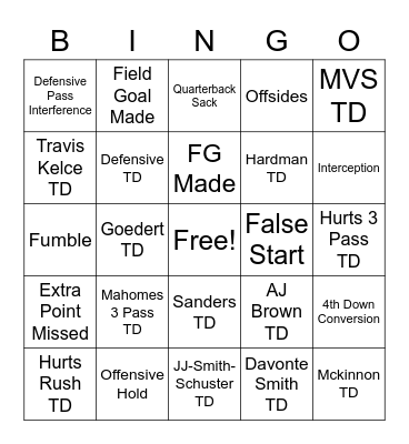 Superbowl Bingo Card