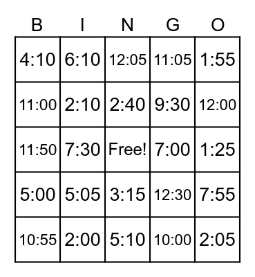 Telling Time Bingo Card