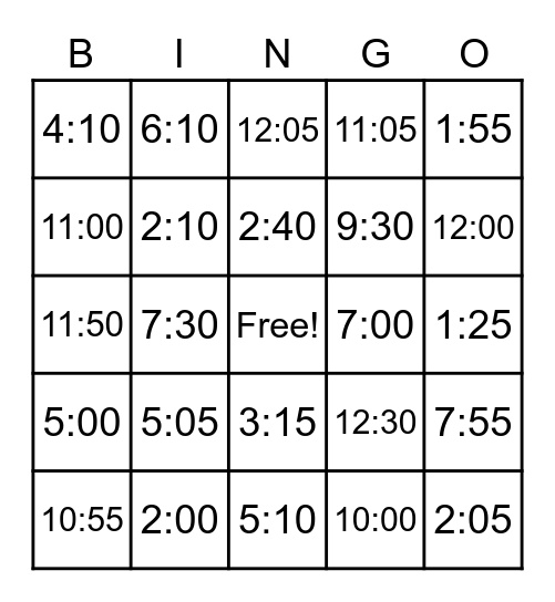 Telling Time Bingo Card