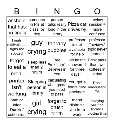 Finals Bingo Card