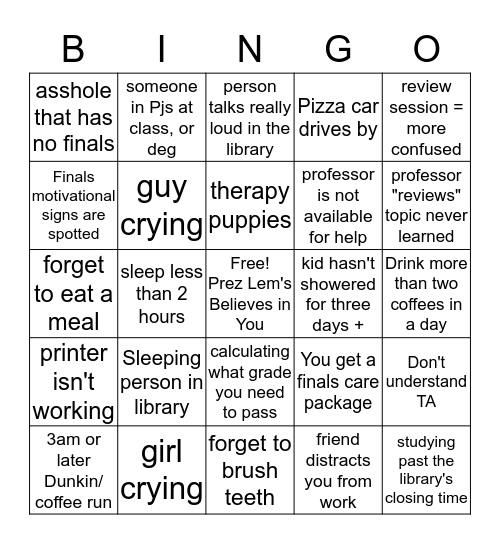 Finals Bingo Card