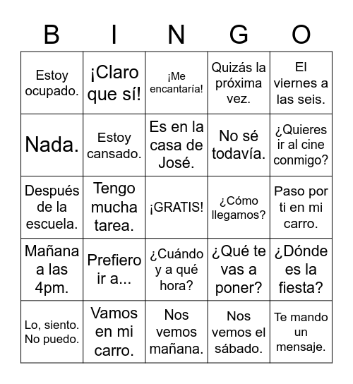 Unidad #4:  Invitaciones Bingo Card