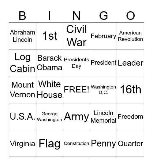 Presidents Day BINGO Card