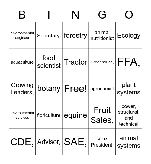 FFA BINGO Card