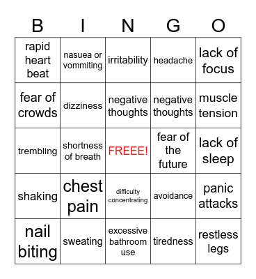 Anxiety Signs&Symptoms Bingo Card
