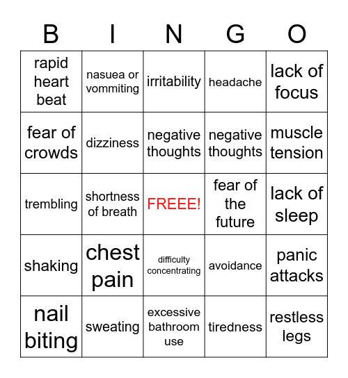 Anxiety Signs&Symptoms Bingo Card