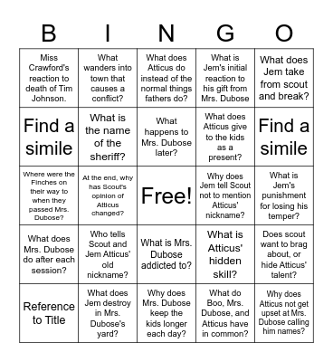To Kill a Mockingbird Bingo Card