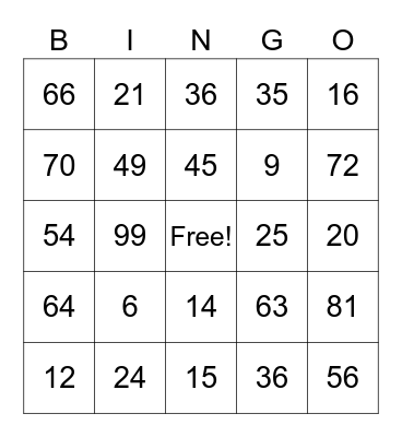 Multiplication Bingo Card