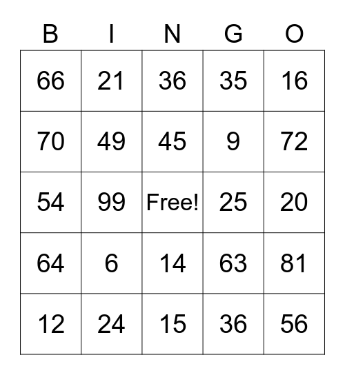 Multiplication Bingo Card