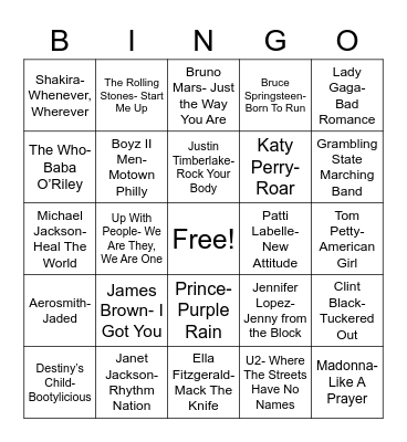 Total-Quiz.com Presents: Radio Bingo Super Bowl Halftime Show Bingo Card