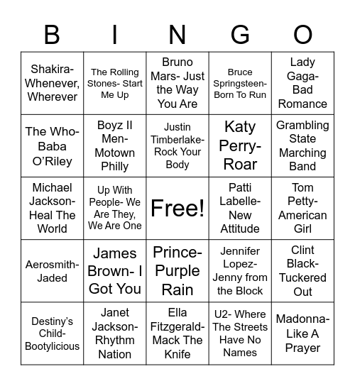 Total-Quiz.com Presents: Radio Bingo Super Bowl Halftime Show Bingo Card