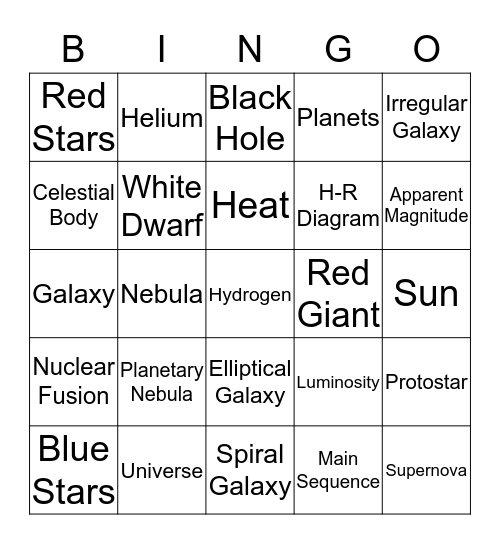 Galaxies and Stars Bingo Card