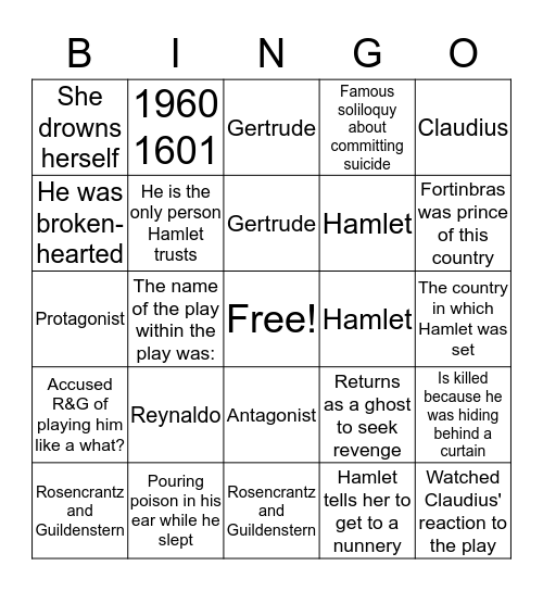 Hamlet Bingo Card