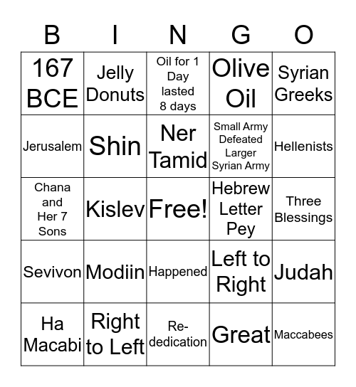 Chanukah Bingo Card