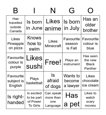 Power To Girls Bingo Card