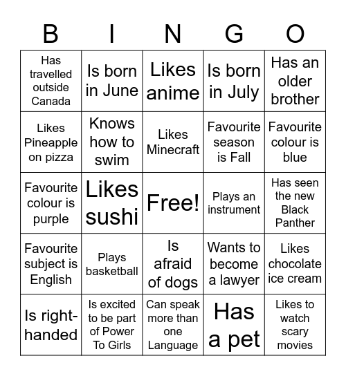 Power To Girls Bingo Card