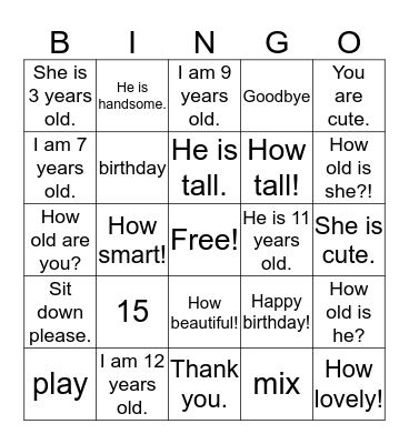 Lesson 11 - I Am 10 Years Old Bingo Card