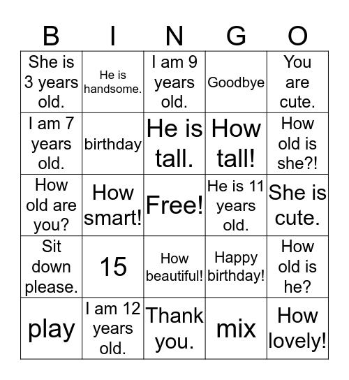 Lesson 11 - I Am 10 Years Old Bingo Card