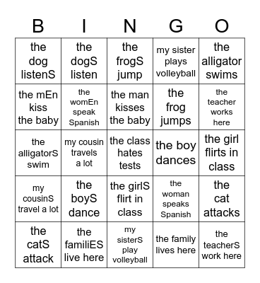 Verbs (-e/-ent) Bingo Card