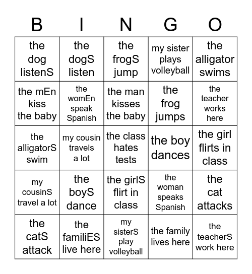 Verbs (-e/-ent) Bingo Card