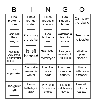 Human Scavenger Hunt Bingo Card