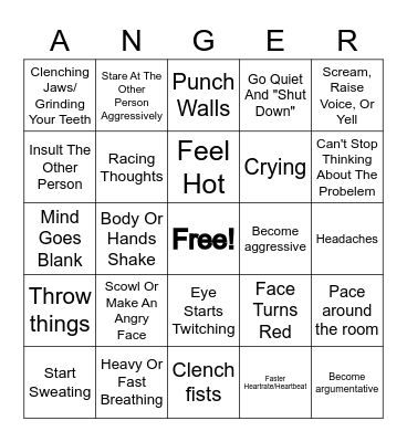 Anger Warning Signs Bingo Card