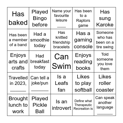 Therapeutic Recreation Month Bingo Card