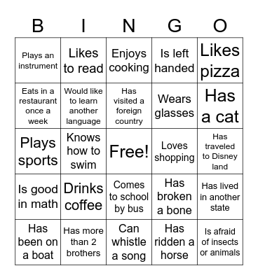 FIRST DAY OF CLASS BINGO Card