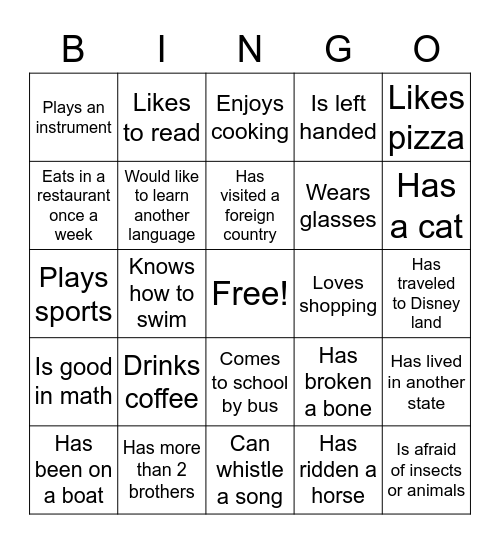 FIRST DAY OF CLASS BINGO Card